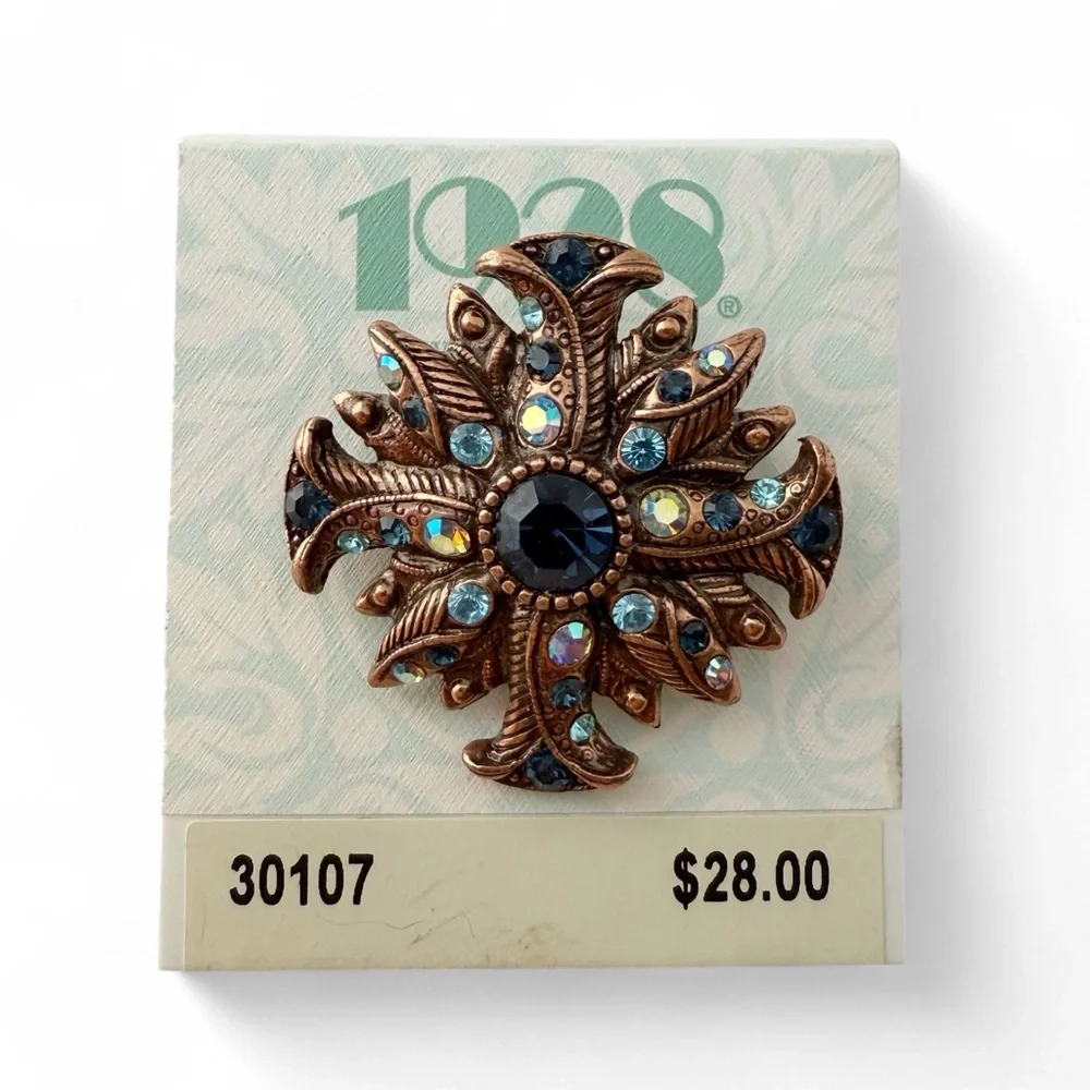 Vintage 1928 Blue Rhinestone Floral Maltese Cross Coppertone Brooch Pin